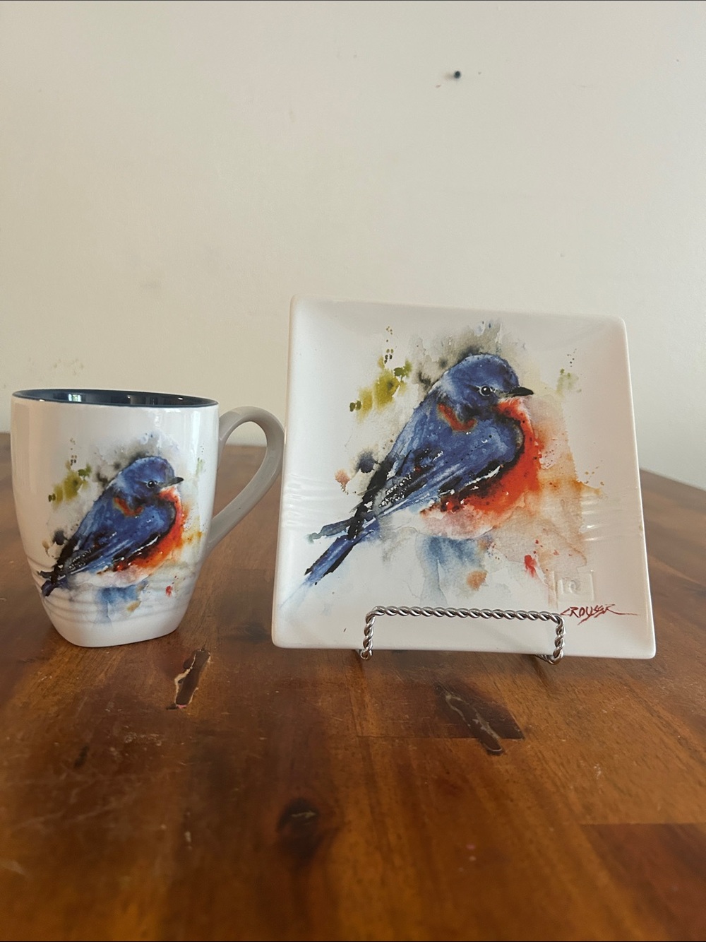 2 Piece Dean Crouser Autograph Bluebird Glossy Ceramic Mug/Snack 7" Plate Set